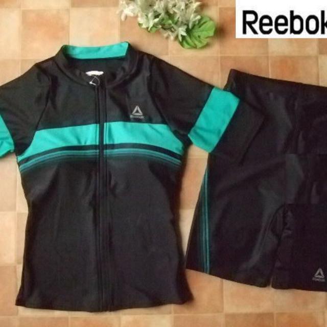 Reebok(リーボック)の新品◆リーボック・袖付フィットネス水着・11号L・ライン・グリーン×黒 レディースの水着/浴衣(水着)の商品写真