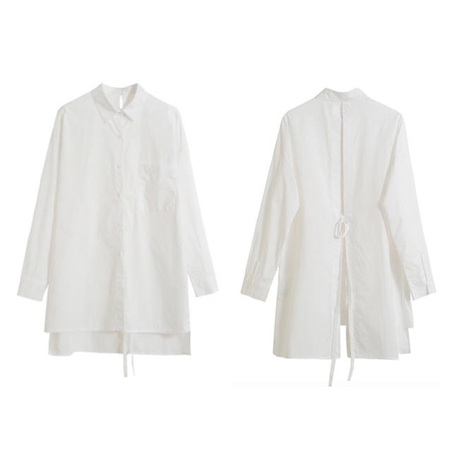 バックオープンシャツ  秋服 オーバーサイズ ワンピ ロング丈 白シャツ 羽織り 3