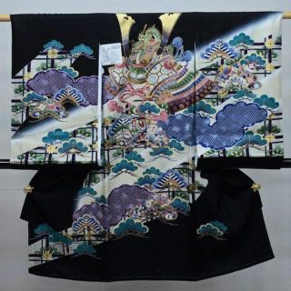 お宮参り 産着 男児 正絹 のしめ 祝着 金刺繍 綸子 黒地 NO26829(お宮参り用品)