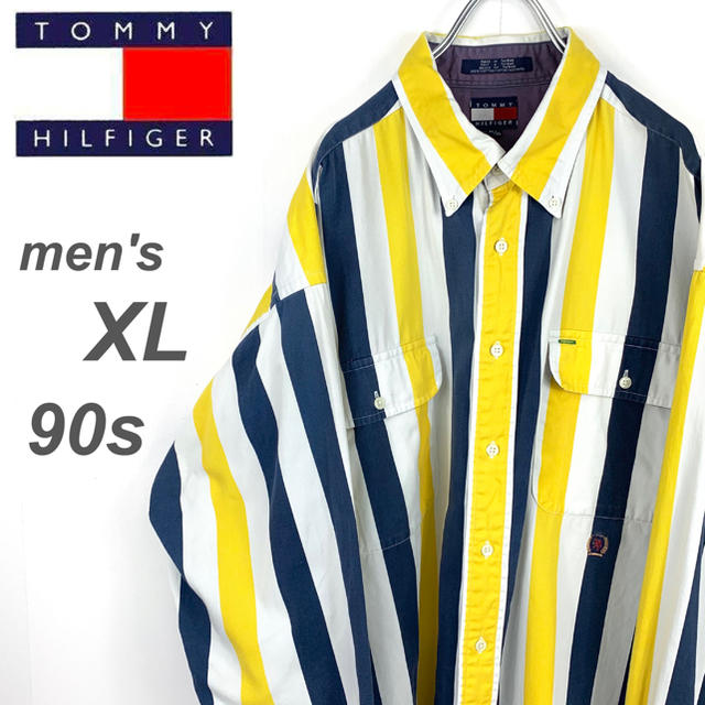 90s【トミーヒルフィガー】マルチストライプ BDシャツ イエロー系約86ｃｍ袖丈