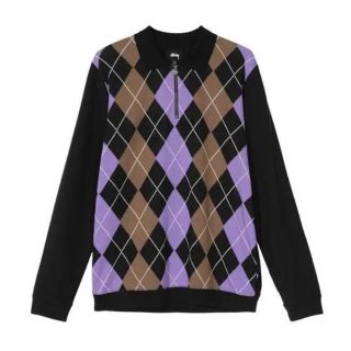 ステューシー(STUSSY)のStussy Argyle アーガイル Zip LS Polo Blk L 美品(ニット/セーター)