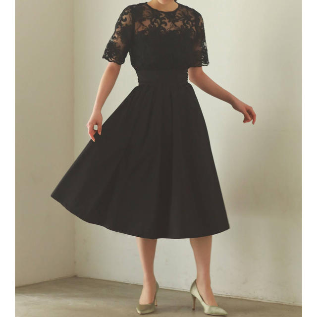LagunaMoon(ラグナムーン)のオーバーレースギャザードレス　ブラック レディースのフォーマル/ドレス(ミディアムドレス)の商品写真
