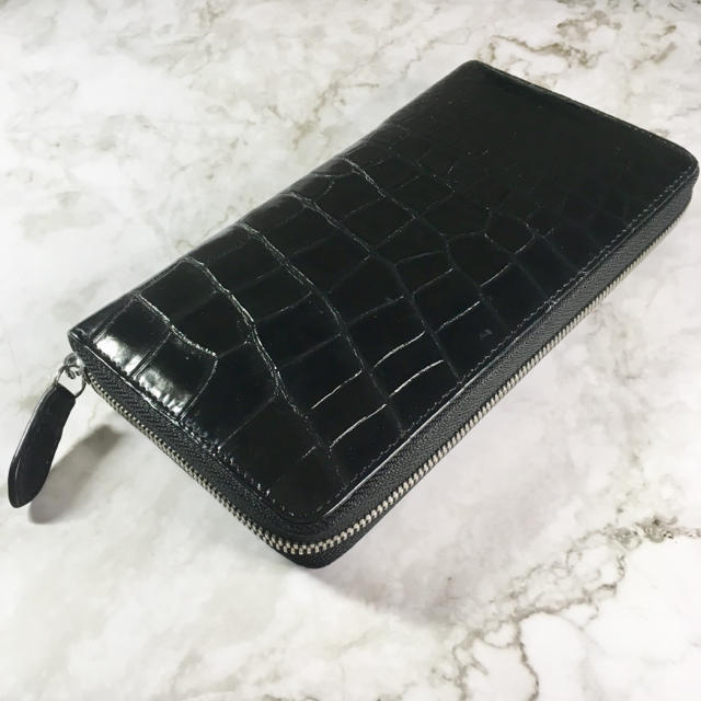 本物 クロコダイル ワニ革 レザー ロングウォレット 長財布 財布 黒