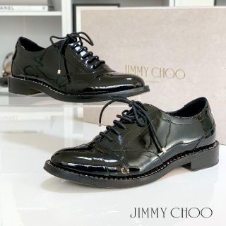 ジミーチュウ(JIMMY CHOO)の1761 美品 ジミーチュウ エナメル ラインストーン ドレスシューズ 黒(ローファー/革靴)