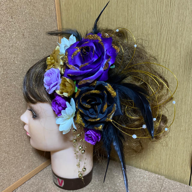 No.278 豪華！紫×黒×金　♡ フラワーピン 成人式 髪飾り レディースの水着/浴衣(和装小物)の商品写真