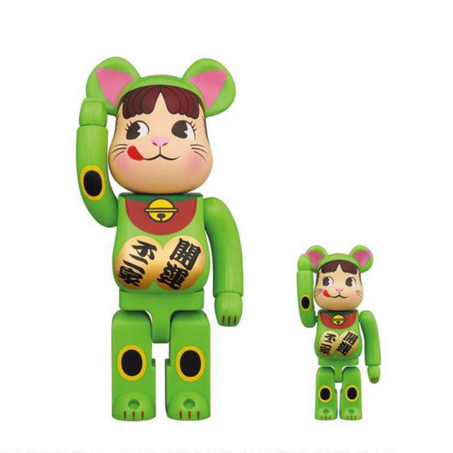 BE@RBRICK 招き猫 ペコちゃん 蛍光グリーン 100％＆400％