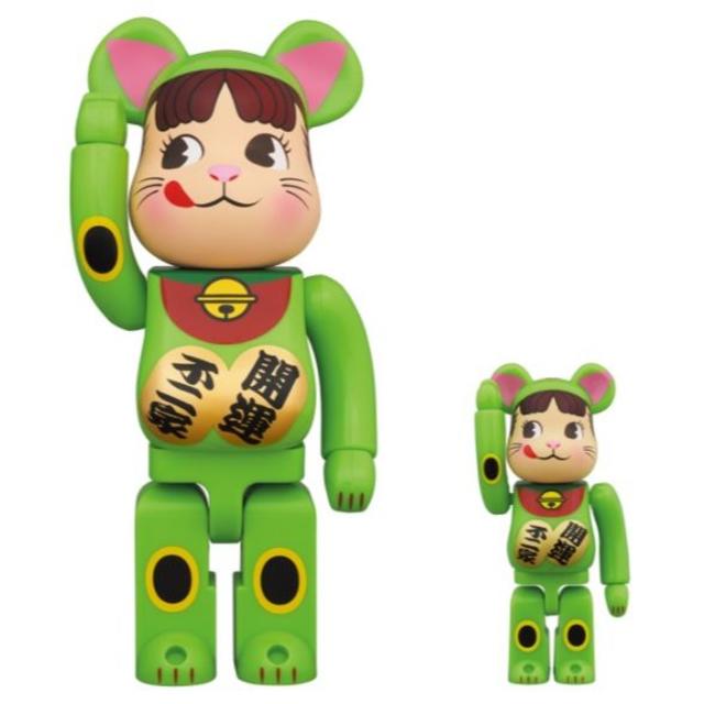 品質保証 BE@RBRICK 400% & 100% 蛍光グリーン ペコちゃん 招き猫