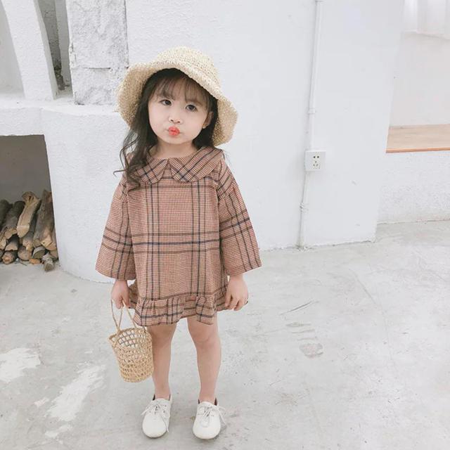 新品 チェック ペプラム フリル ワンピース 韓国子供服 キッズ/ベビー/マタニティのキッズ服女の子用(90cm~)(ワンピース)の商品写真