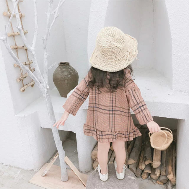 新品 チェック ペプラム フリル ワンピース 韓国子供服 キッズ/ベビー/マタニティのキッズ服女の子用(90cm~)(ワンピース)の商品写真