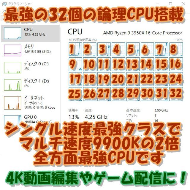 maiko様専用  究極4K動画編集 RYZEN3950X 16コア PC スマホ/家電/カメラのPC/タブレット(デスクトップ型PC)の商品写真