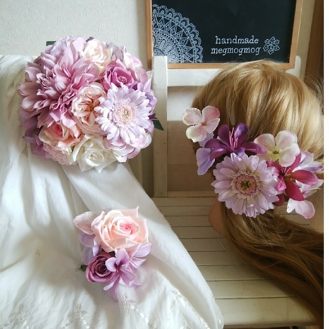sale】ピンクと紫のブーケ♡ブートニア髪飾りもセット！の通販 by megmogmog's shop｜ラクマ