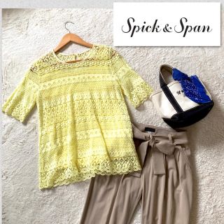 スピックアンドスパン(Spick & Span)のspic&span  イエロー5部丈　レーストップス　カットソー　ブラウス　刺繍(カットソー(半袖/袖なし))