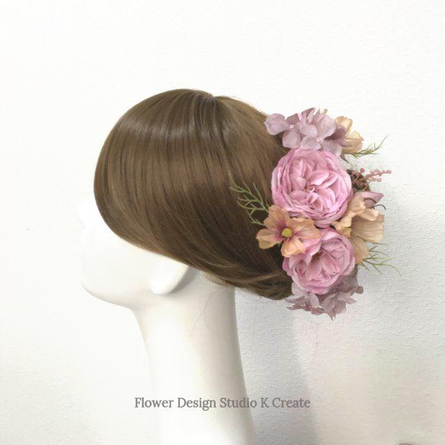 コスモスと薔薇のヘッドドレス　結婚式　ウェディング　薔薇　コスモス　紫陽花