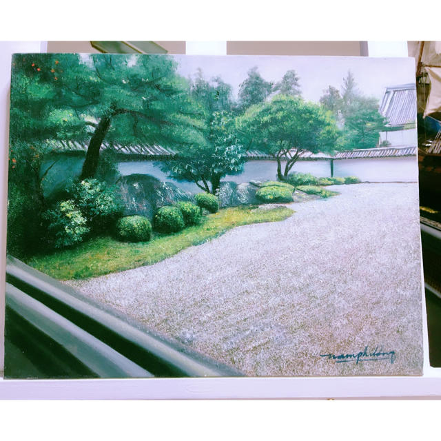 和風　お庭　緑　風景画　油絵　絵画　インテリア