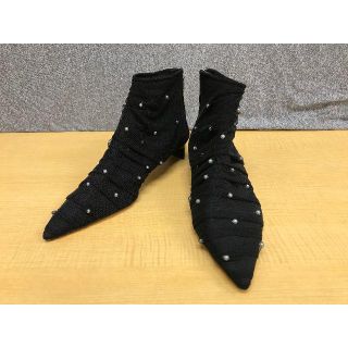 ザラ(ZARA)の美品ザラZARAパール×チュールアンクルブーツ24.5cm★A20663(ブーティ)