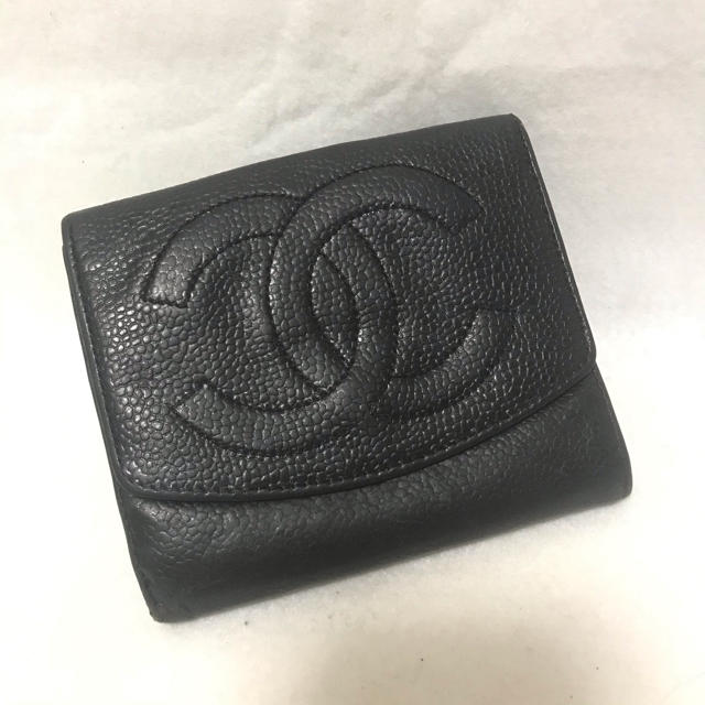 【CHANEL】Ｗホック折り財布★　レザー　黒色　シャネル