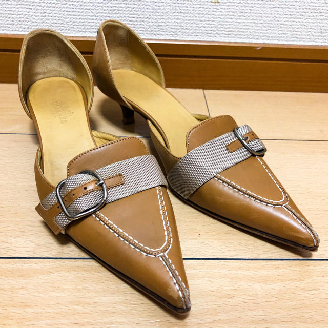 極美品!エルメス アイコンシルバーバックル トワルアッシュ パンプス