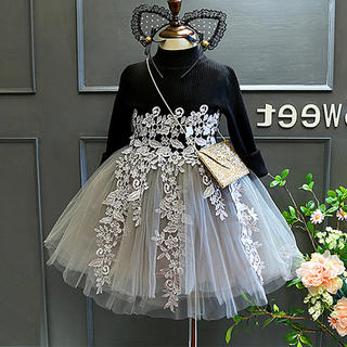 海外子供服 黒ニット シルク刺繍 チュール ワンピース ドレス 冠婚葬祭 90(ドレス/フォーマル)