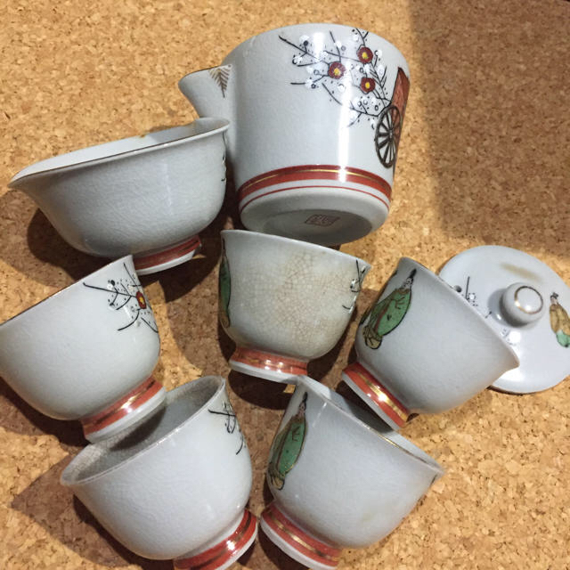 中国 新渡 青花山水文など 手付煎茶器 小猪口 三種十客 時代箱付 G