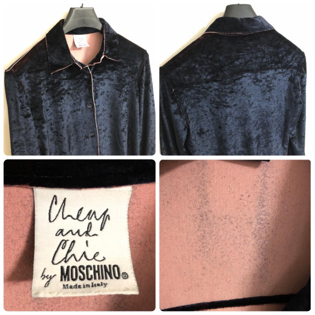 MOSCHINO(モスキーノ)のモスキーノ MOSCHINO 長袖シャツブラウス ネイビー×ピンク ベロア レディースのトップス(Tシャツ(長袖/七分))の商品写真