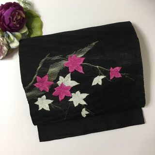 No.125［名古屋帯］夏物　紅葉　刺繍　　　　　　　　　　　　　　　ブラック(帯)