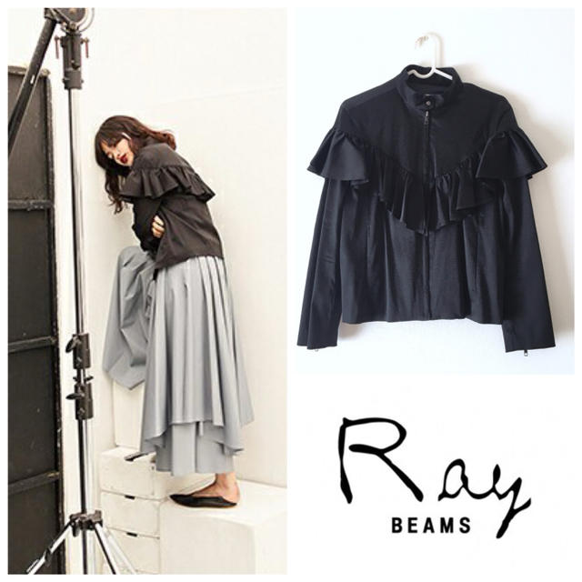 Ray BEAMS(レイビームス)の新品未使用 レイビームス  ブルゾン サテン フリル ブラック レディースのジャケット/アウター(ブルゾン)の商品写真