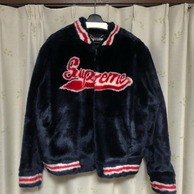 supreme faux fur varsity jacket navy L