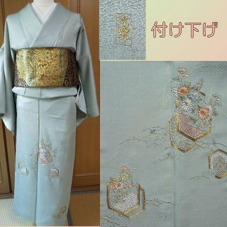 【 お値下げしました 】 付け下げ 訪問着 金彩刺繍 正絹 グリーン系 Sサイズ(着物)