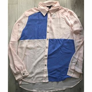 フォーエバートゥエンティーワン(FOREVER 21)のブロックカラー長袖シフォンシャツベビーピンク×ブルー(シャツ/ブラウス(長袖/七分))