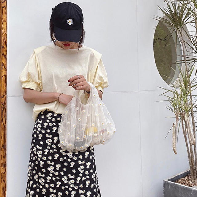 オーガンジー エコバッグ トートバッグ チュール デイジー刺繍 レディースのバッグ(ハンドバッグ)の商品写真
