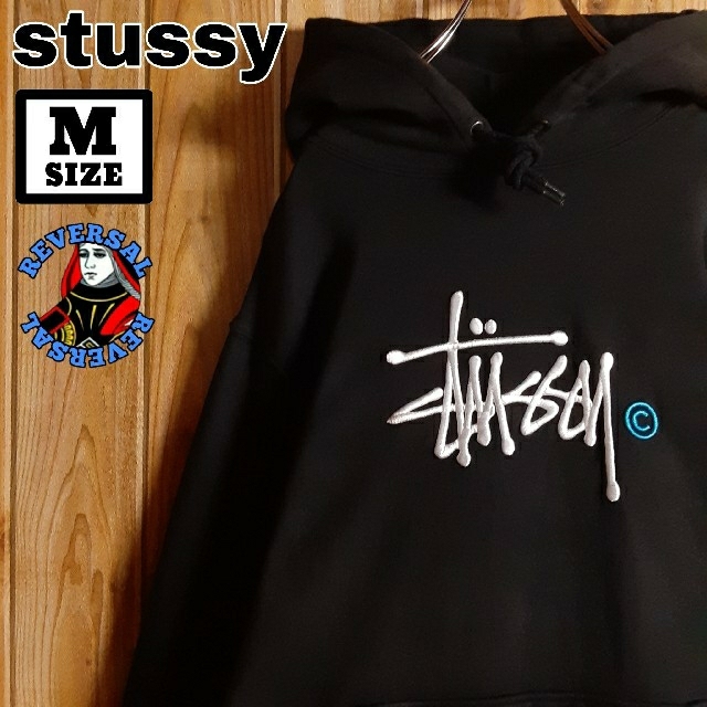 STUSSY 刺繍ロゴ プルオーバーパーカー フーディー ブラックM