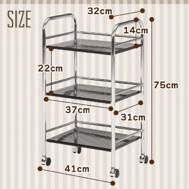 不二貿易 キッチンワゴン 3段 幅40cm シルバー キャスター付き インテリア/住まい/日用品の収納家具(キッチン収納)の商品写真