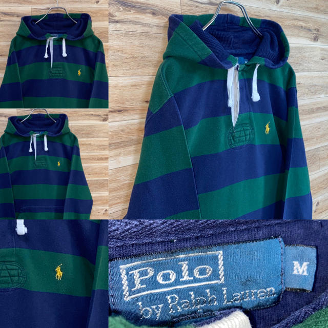 POLO RALPH LAUREN(ポロラルフローレン)の【美品】ポロラルフローレン ラガーシャツパーカー M ボーダー ロゴ 刺繍 メンズのトップス(パーカー)の商品写真