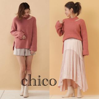 フーズフーチコ(who's who Chico)のフーズフーチコ　ネックサイドカット折り返し袖プルオーバー　ピンクベージュ(ニット/セーター)