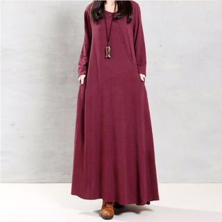 【2XL/ワインレッド】長袖ワンピース　ロング丈　フレアスカート　大きいサイズ(ロングワンピース/マキシワンピース)