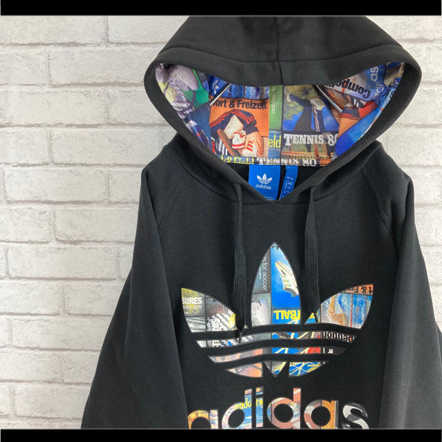 美品 adidas アディダス パーカー ブラック トレフォイルマルチカラー M