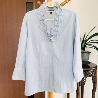 タルボット(TALBOTS)のTalbots フリルカラー ストライプ ブラウス L 白 青(シャツ/ブラウス(長袖/七分))