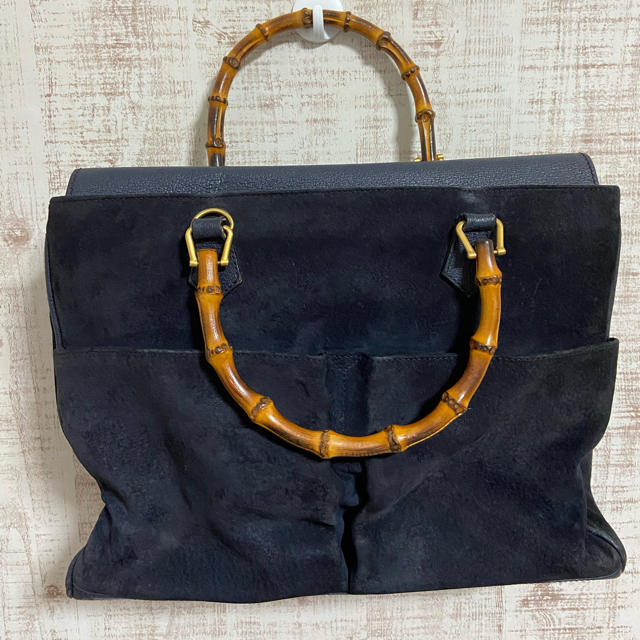 オールドグッチ GUCCI トートバッグ ネイビー 紺 スエード バンブー