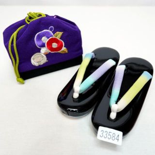七五三 七歳 女児 草履バッグセット 巾着 21㎝ 紫×黒 NO33584