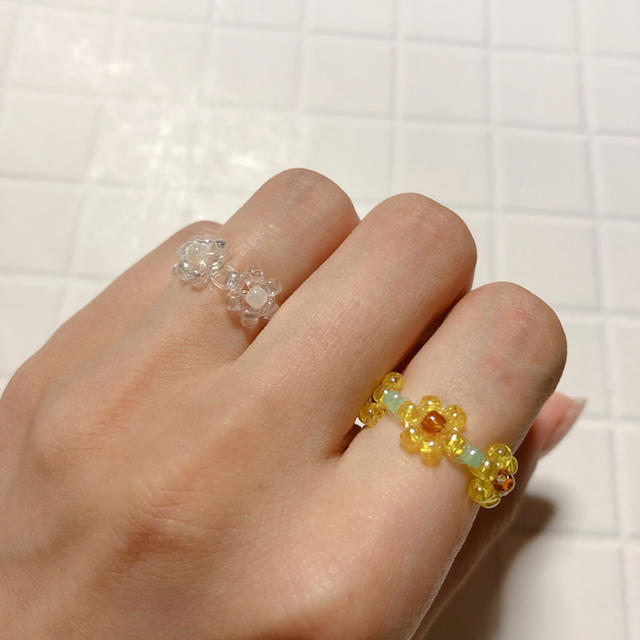 クリア　ひまわり　ビーズリング　비즈반지　ハンドメイド ハンドメイドのアクセサリー(リング)の商品写真