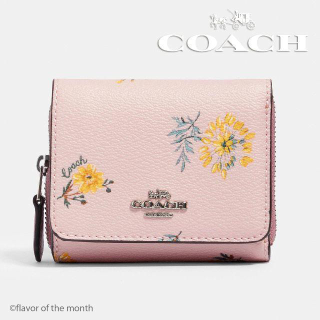 輸入品格安 COACH コーチ 可愛いピンクのフローラル三つ折り財布