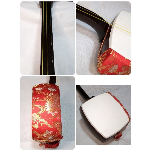 紅木 金細 K9金具 綾杉胴 2本溝 沈みトチ模様三味線【新皮張替え済 3