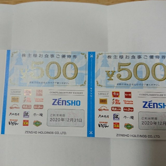 ゼンショー(ゼンショー)のzensho株主優待500円２枚 チケットの優待券/割引券(レストラン/食事券)の商品写真