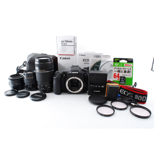 驚きの値段で】 Canon - 80D標準&望遠&単焦点トリプルレンズセット EOS