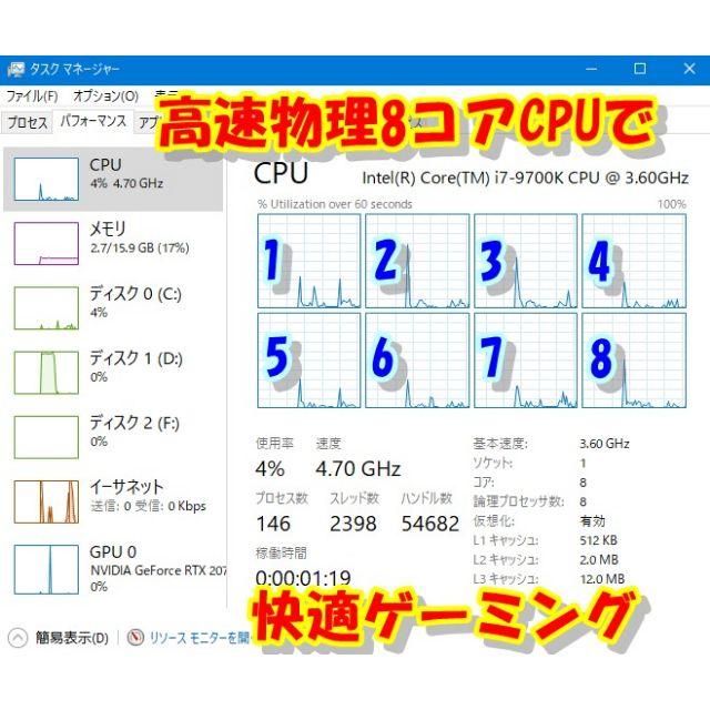 i7 9700KF & RTX2070S 高画質ゲーム、高画質配信パソコン スマホ/家電/カメラのPC/タブレット(デスクトップ型PC)の商品写真