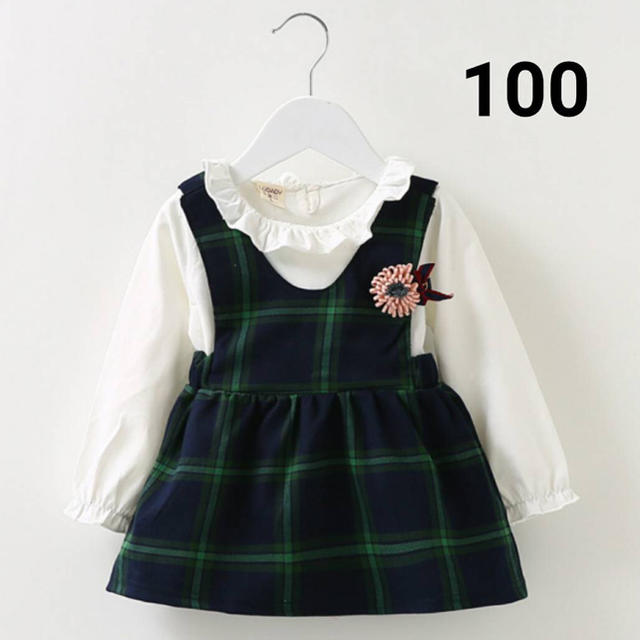 新品　チェック　グリーン　ワンピース　フォーマル  100 キッズ/ベビー/マタニティのキッズ服女の子用(90cm~)(ワンピース)の商品写真