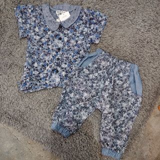 新品／キッズ子供服 花柄 綿麻リネンセットアップ (上下セット)80(ワンピース)