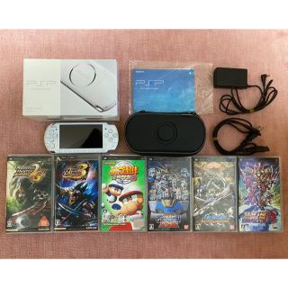 プレイステーションポータブル(PlayStation Portable)のPSP-3000 パールホワイト+PSP用ケース+PSP用ゲームソフト6本セット(携帯用ゲーム機本体)