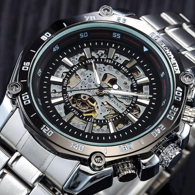 新品 WINNER 自動機械式時計スケルトン ステンレススチールブラックフェイス