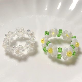 クリア　デイジー　ビーズリング　비즈반지　ハンドメイド(リング)